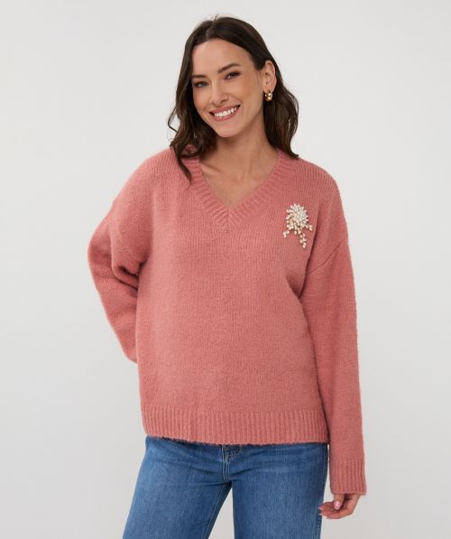 EsQualo Sweater V-neck brooch