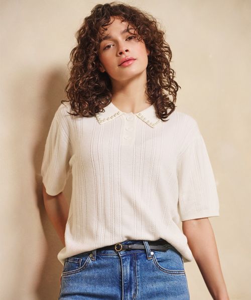 EsQualo Sweater s/slve pearls collar