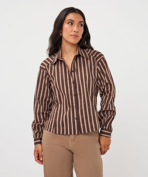 Blouse short stripe collar studs