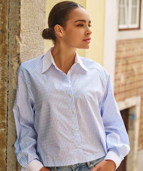 EsQualo Blouse rhinestones striped