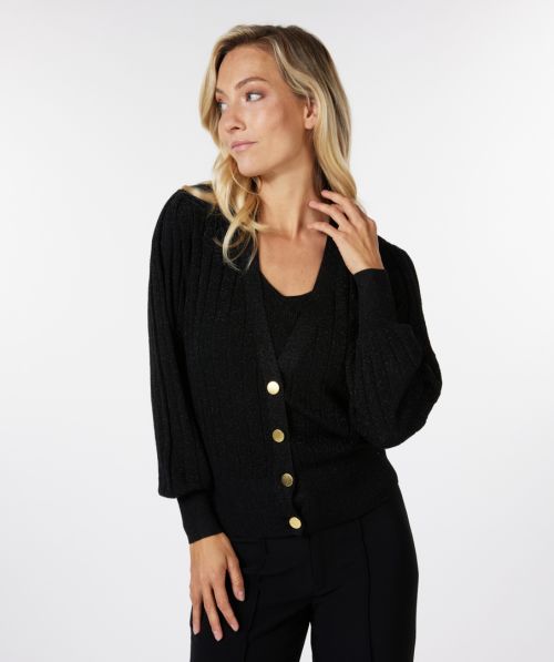 Cardigan puff sleeve rib lurex