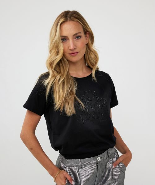 EsQualo T-shirt flower rhinestones