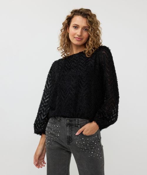 EsQualo Blouse R/neck fluffy zigzag plumetis