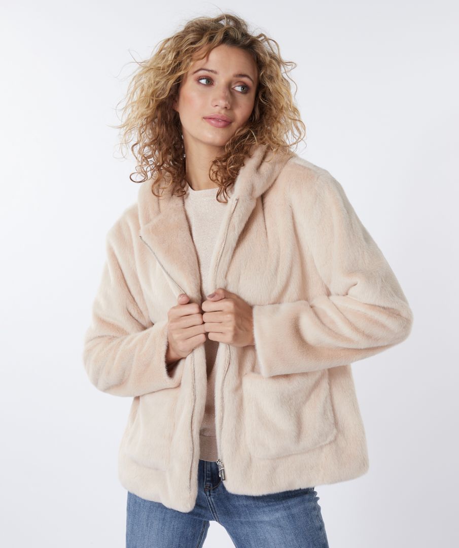 Coat short hood fake fur