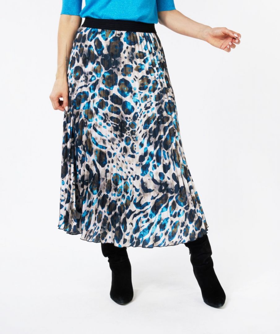 Blue pleated animal print skirt discount