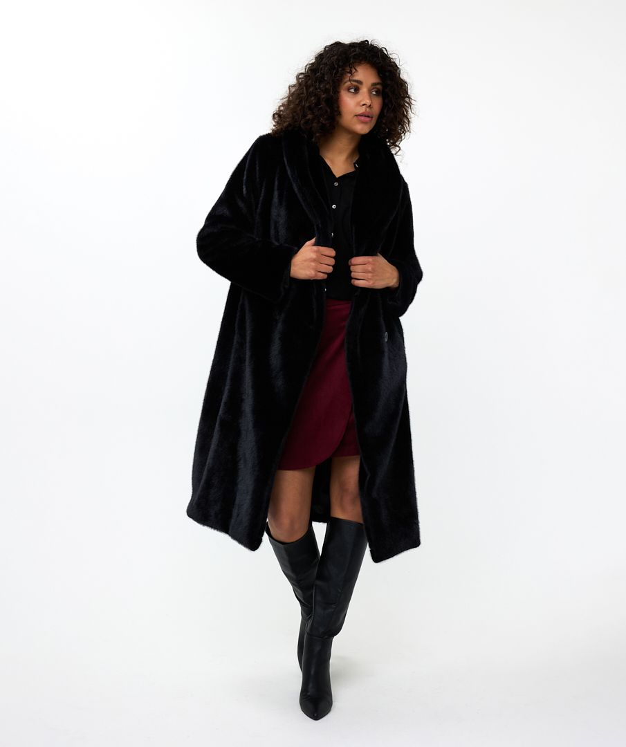 Black shawl faux fur collar coat top