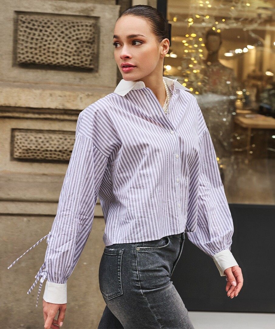 Blouse cropped stripes rhinestones