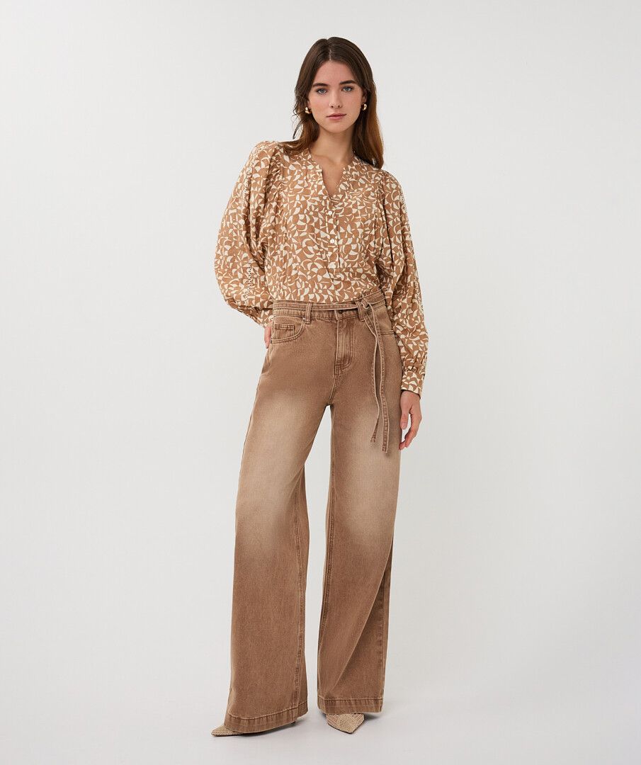 Trousers colored denim belt wide leg