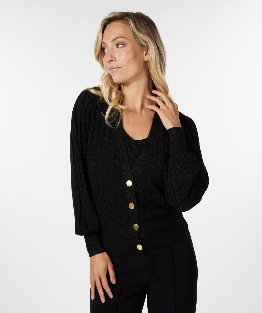 Cardigan puff sleeve rib lurex
